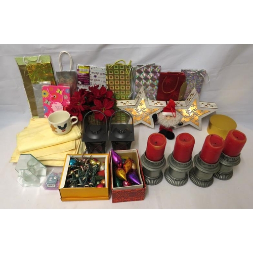 588 - Christmas Decorations, cream table cloths, bags, candles (2 Boxes)