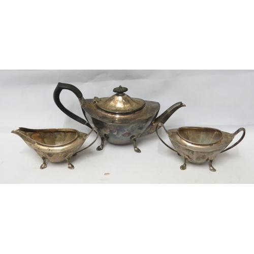 650 - Silver Three Piece Tea Set faceted Body on 4 hoof supports with composition handle, Sugar bowl and m... 