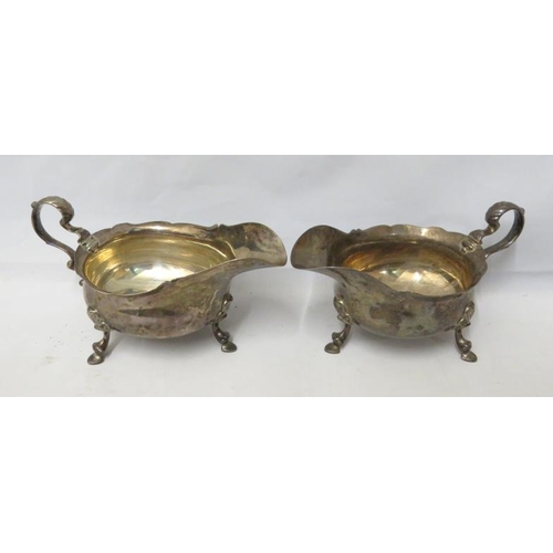 651 - Pair Silver Frilled rim Sauce Boats on Shell hoof supports with acanthus leaf handles London 1936