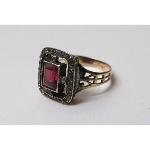 656 - French Yellow Metal Ring set Garnet and white stones