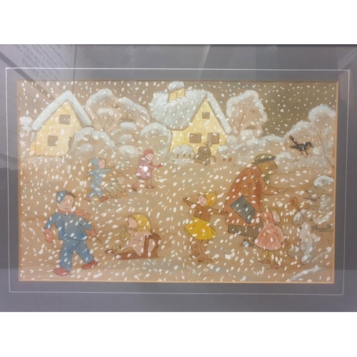 234 - M/f/g Watercolour, snow scene with children pulling sledge, birds, houses, snowmen approx. 31cm x 49... 