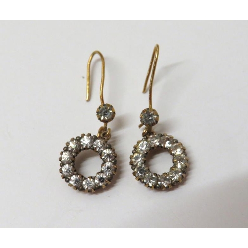 62 - Pair 9ct Drop Earrings with circlet drops, set white paste