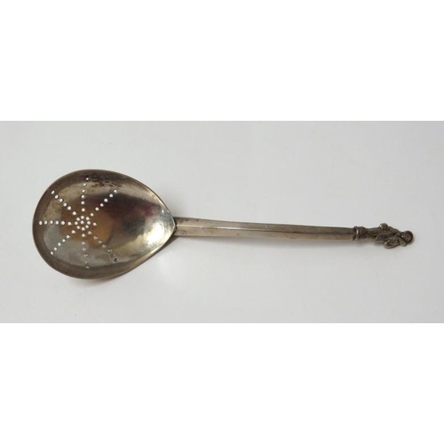 654 - White Metal touch marked ladle with apostle terminal and pierced bowl Maker GS