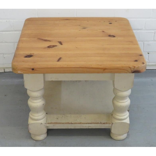 46 - White Painted Small Lamp Table with natural pine top, 4 turned supports