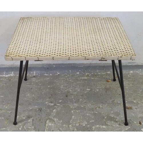 58 - Small Retro Woven Topped Table on ebonised metal supports A2