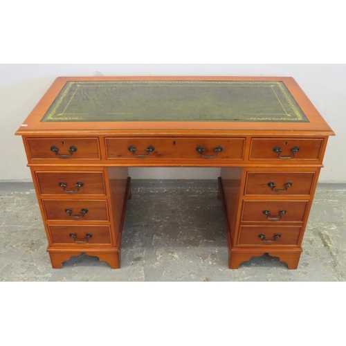 63 - Reproduction Yew Wood Pedestal Desk, inset tooled leather writing surface A8