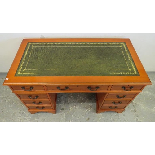 63 - Reproduction Yew Wood Pedestal Desk, inset tooled leather writing surface A8
