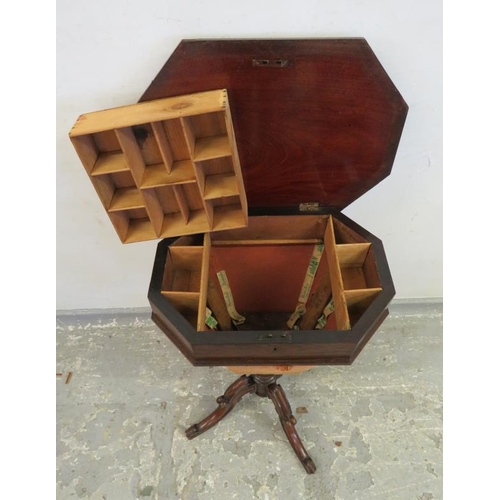 67 - C19th Early Victorian Rosewood Work Table, rectangular faceted hinged top with inner compartments, k... 