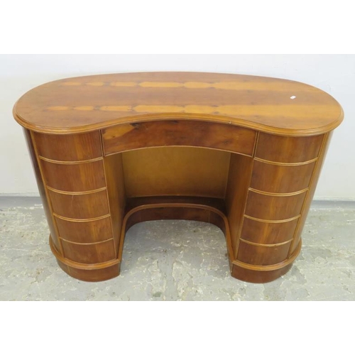 71 - Yew Wood Reproduction Kidney Shaped Desk/Writing Table with 2 nests of 5 bow fronted drawers, concav... 