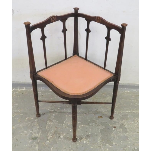 73 - Small Corner Chair with turned supports, Art Nouveau inlay to top rails, under stamped with G A 693 ... 