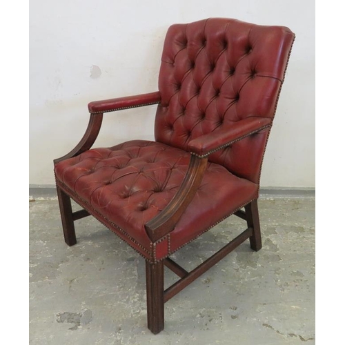 83 - Chippendale Style Deep Buttoned Red Leather Armchair, square section supports, deep buttoned back & ... 