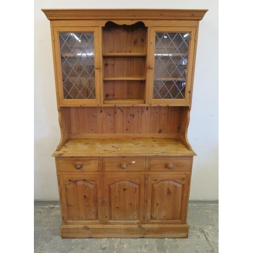 85 - Pine Kitchen Dresser, 3 Fielded Panelled Doors on plinth base with 3 drawers over, open hutch, pair ... 