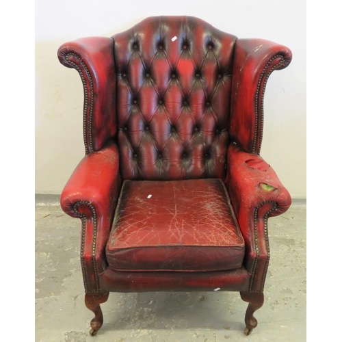 116 - Red Leather Button Back Wing Armchair, A/F seat height approx. 45cm, seat width approx. 45cm, total ... 