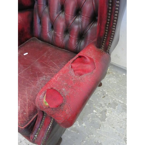 116 - Red Leather Button Back Wing Armchair, A/F seat height approx. 45cm, seat width approx. 45cm, total ... 