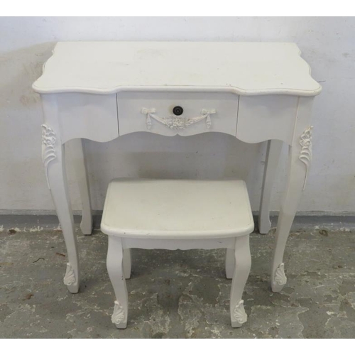 45 - White Painted Small Dressing Table, single drawer with bell flower & swag decoration, slight cabriol... 