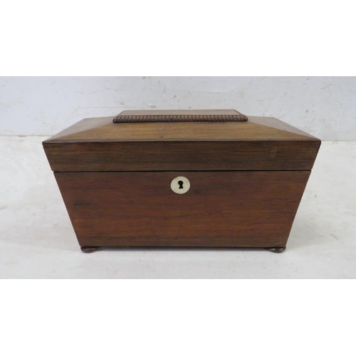 34 - C19th Rosewood Sarcophagus Shaped Tea Caddy, hinged lid on flattened bun supports approx. 28cm x 14c... 