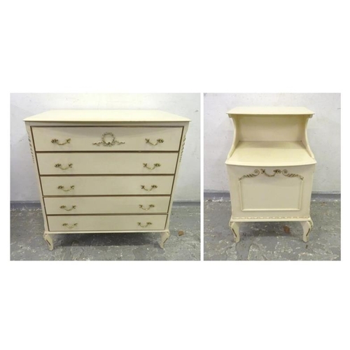 15 - Continental Style Bedside Cabinet & Continental Style Chest of Drawers, 5 long drawers, white/gilt d... 