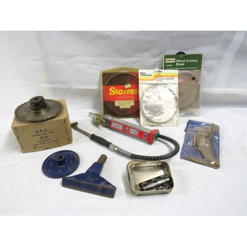 1841 - GPO power unit type 53A, box containing mitre saw blade, scarat band saw blade, Sealy professional d... 