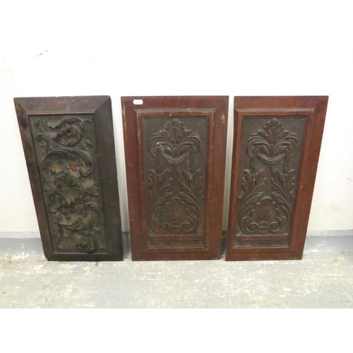 3 - Pair Carved Mahogany Panels, leaves & ribbons & single panel carved with shell & trailing vines, bel... 