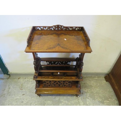163 - C19th Walnut Canterbury What not with pieced gallery and drawer under on castors approx. 60cm W x 38... 