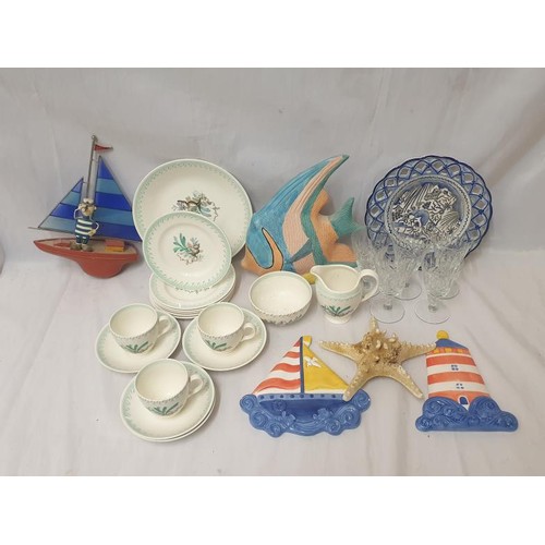 1842 - Plaster Fish Ornaments, sea shells, decorated tea set, blue & white plate, 5 glasses (1 Box)