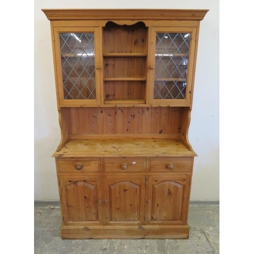 16 - Pine Kitchen Dresser, 3 Fielded Panelled Doors on plinth base with 3 drawers over, open hutch, pair ... 