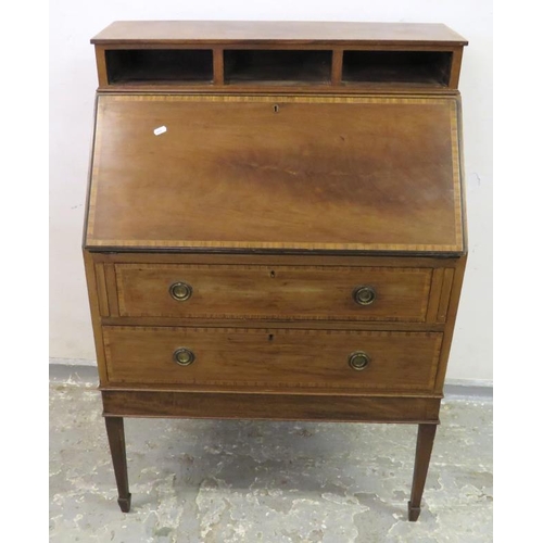 42 - Inlaid Mahogany Bureau Fall containing well fitted nest over two long drawers, on spade supports A1