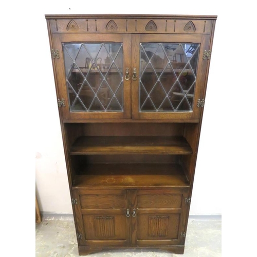 54 - Priory Oak Style Tallboy Cabinet With Lead Light Doors over open shelves, 2 cupboard doors under W:8... 