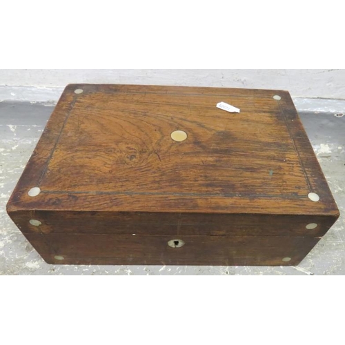 49 - Rosewood Sewing Box, inlaid with mother of pearl discs, some contents FWC