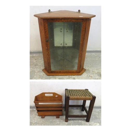 41 - Oak Hanging Corner Cabinet with mirrored interior & glazed door, String Seated Stool & Magazine Rack... 