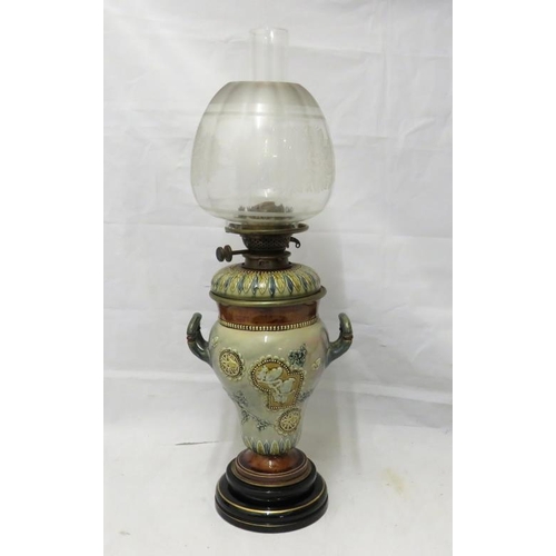 Doulton Lambeth? Majolica style duplex oil lamp with 2 handled ceramic ...