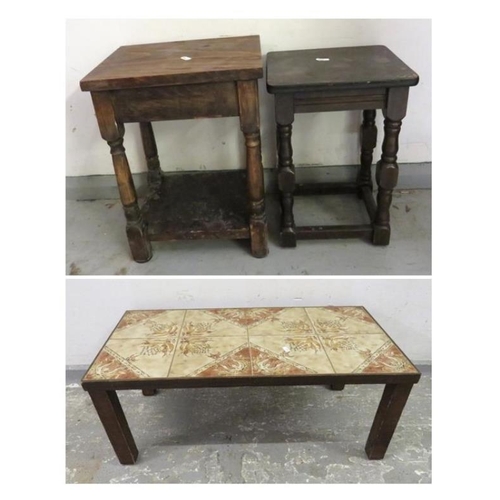 28 - Eight Tile top Coffee Table & 2 Square Topped Side Tables on baluster turned supports (3) A3