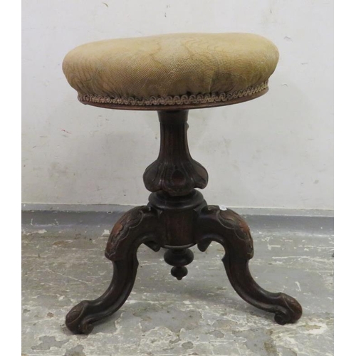 72 - Victorian Rosewood Rise & Fall Piano Stool, 3 cabriole carved supports, carved central column, circu... 