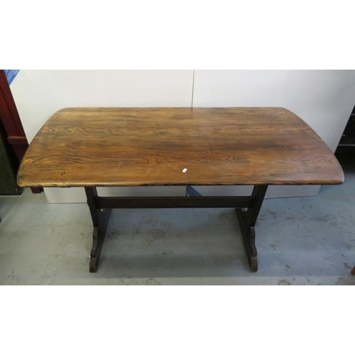 112 - Ercol Style Elm Bow Ended Refectory Style Table on trestle end supports