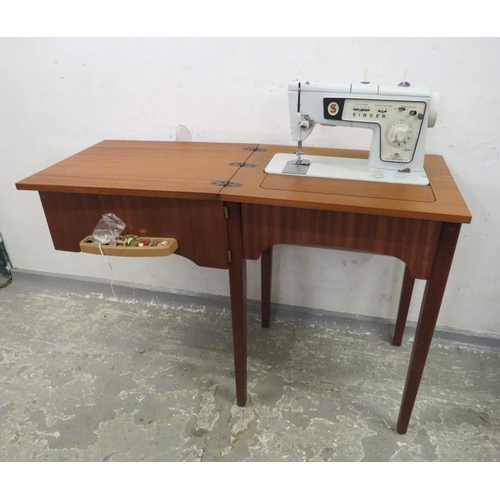 Teak Singer Electric Sewing Machine Table with flipover top & machine UNTESTED