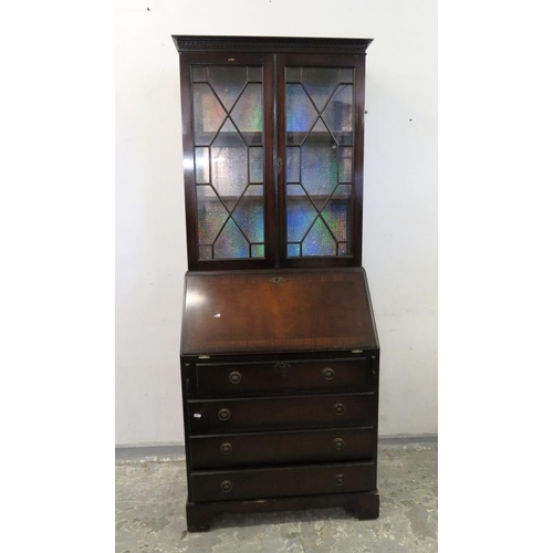Mahogany Bureau Bookcase, fall enclosing fitted nest with 3 small