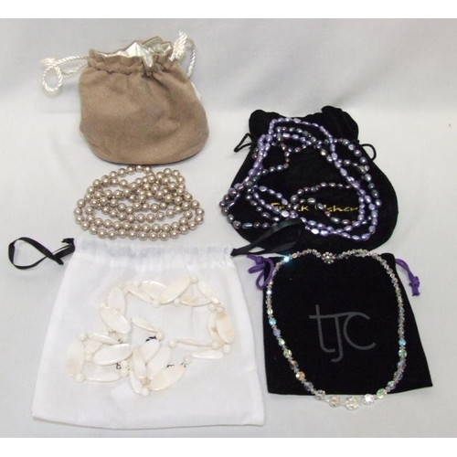 760 - TJC Bag with crystal style necklace, B Charm Bag with mother of pearl necklace, brown draw bag conta... 