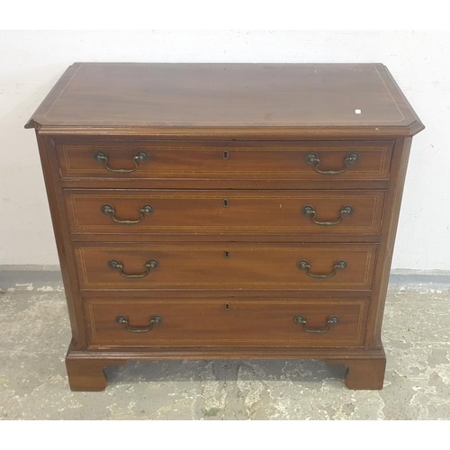 144 - Georgian Mahogany Small Chest of 4 long graduated cock beaded drawers, ebony & boxwood stringing, br... 