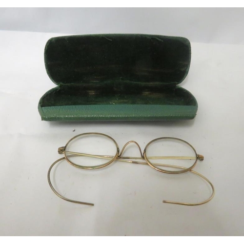 757 - Pair Gold Plated Pince Nez Spectacles in green folding case