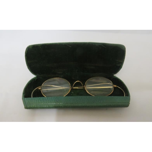 757 - Pair Gold Plated Pince Nez Spectacles in green folding case