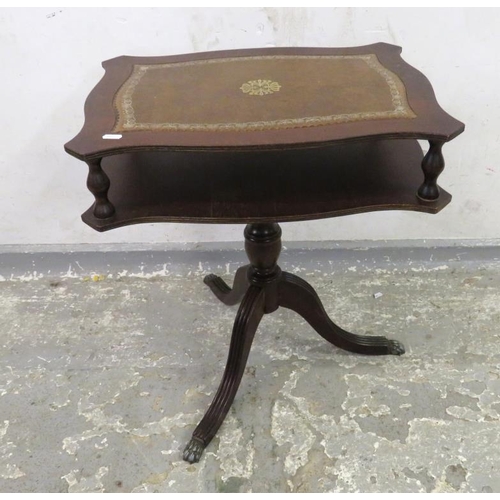 22 - Reproduction Mahogany Side Table with 2 tiers, inset leather topped with turned columns & centre ste... 