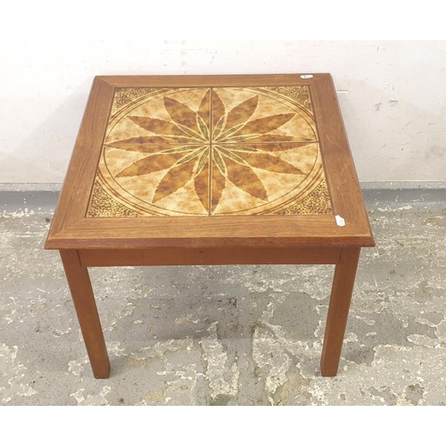 51 - Hardwood Coffee Table with quarter leaf decorated inset tiled top, square section supports  A1