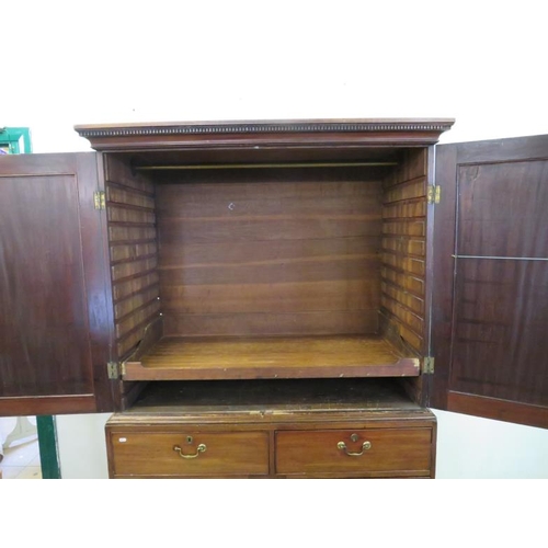 35 - C19th Mahogany Linen Press with chest of 2 long and 2 short drawers Pair doors over W:123xD:63xH:191... 