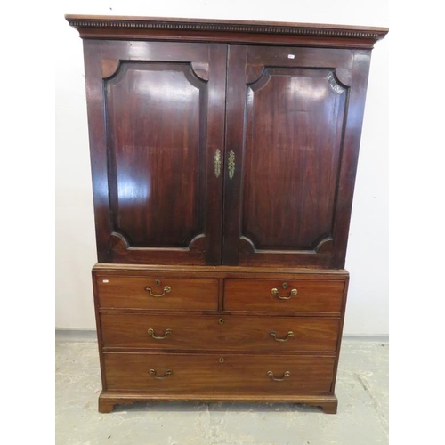 35 - C19th Mahogany Linen Press with chest of 2 long and 2 short drawers Pair doors over W:123xD:63xH:191... 