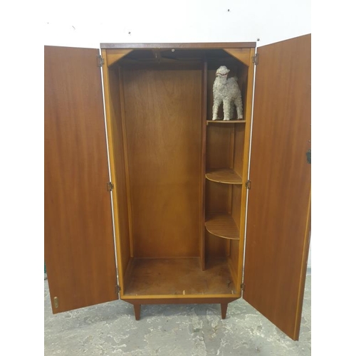 8 - 2 Door Teak Effect Wardrobe enclosing fitted quadrant shelves & hanging slide, raised on tapering su... 