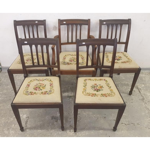 24 - Set of 5 Georgian Style Dining Chairs with roll over back, 4 decorative carved splats, square taperi... 