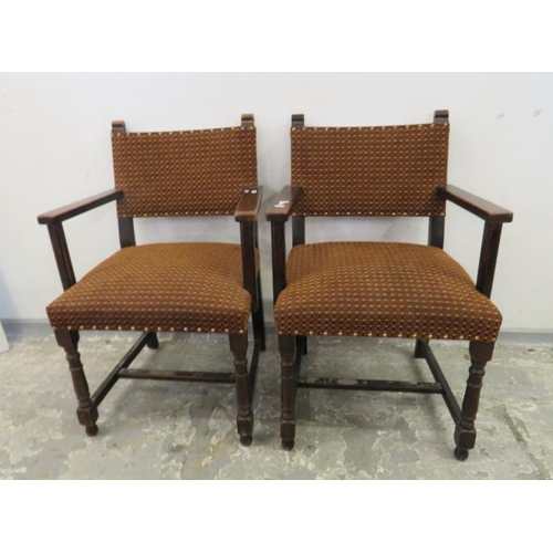 9 - Pair Vintage Side/Arm Chairs on baluster turned front supports, raised arms with upholstered back & ... 