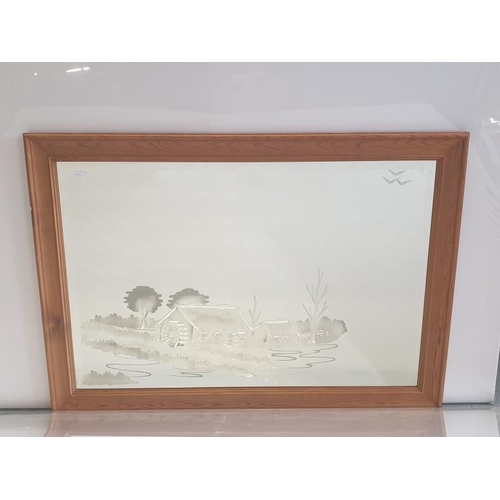 31 - Pine Frame Wall Mirror With etching of a cottage  A1