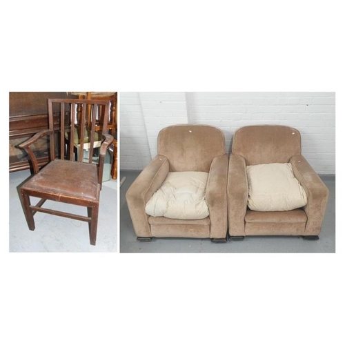 36 - Oak Armchair with leather upholstered seat pad & Pair of Deep Upholstered Club Chairs on shaped fron... 