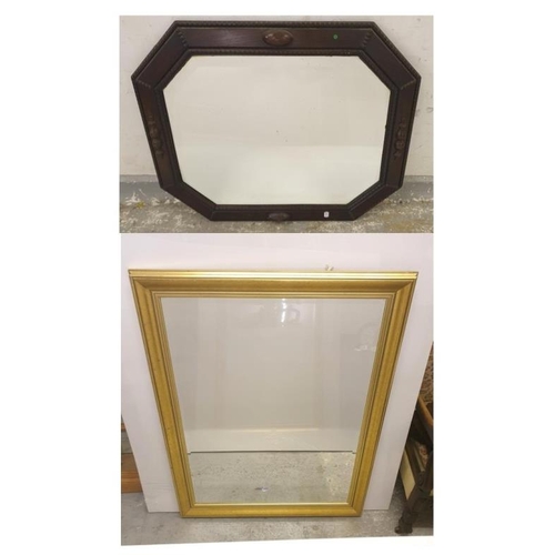 42 - Oak Framed Rectangular Canted Corner Bevelled Glass Wall Mirror, with bead split turned & boss decor... 